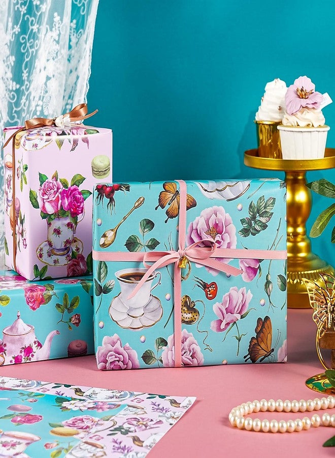 WRAPAHOLIC Tea Party Wrapping Paper Sheet - 8 Sheets Elegant Teapot and Pink Floral Wrapping Paper Folded Flat for Tea Party, Birthday, Wedding, Bridal Shower - 19.7 Inch x 27.5 Inch Per Sheet - Image 4